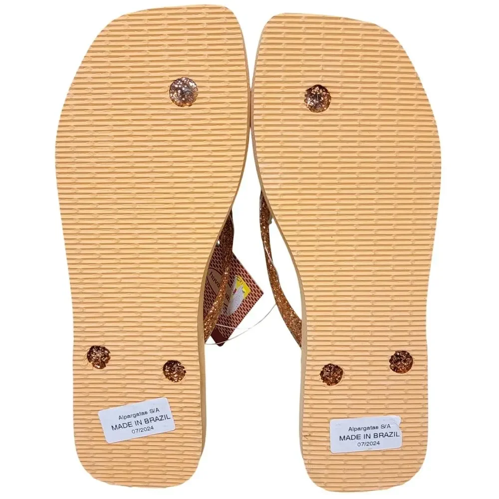 Havaianas Women Slim Square Toe Folia Flip Flops Size US 9 Peach Orange Glitter